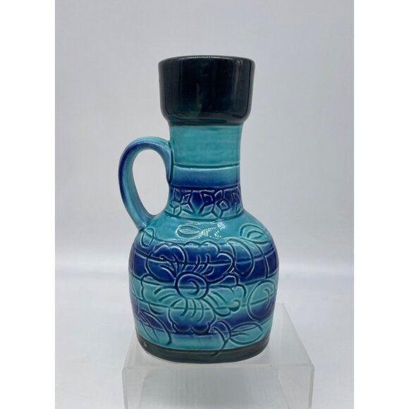 MCM Japan Turquoise & Cobalt Blue Floral Ceramic Pitcher Vase 7.5" With Handle - Picture 2 of 11